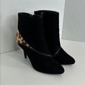 Kelly & Katie Black Suede Ankle Boots 6.5 Leopard Heel Stiletto Pointed Toe